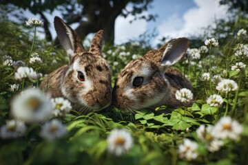 Obraz premium Two Rabbits Snuggling in a Field of White Clover, Illustrating Animal Companionship and Springtime Joy : Generative AI