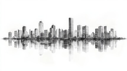 Obraz premium Black and white skyline reflection of a modern city with towering skyscrapers at dusk