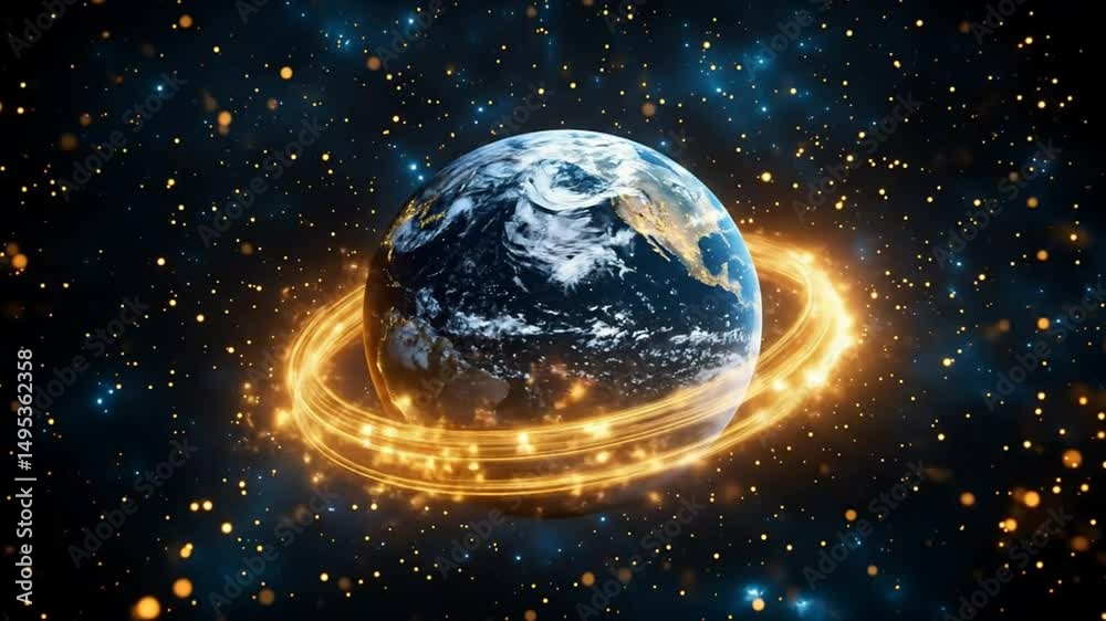 Wall mural digital earth rotating with glowing rings and sparkling particles in outer space background.