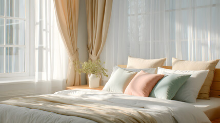 A beautifully made bed in a bright room with beige linen, pastel accent pillows, and sheer curtains blowing gently, backlit by morning sunlight 71414049 2