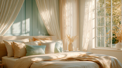 A beautifully made bed in a bright room with beige linen, pastel accent pillows, and sheer curtains blowing gently, backlit by morning sunlight 26421538 3