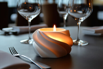 Lit candle on table with wine glasses.