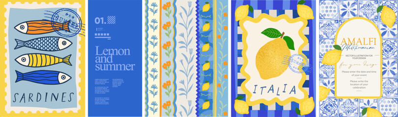 Fototapeta na wymiar Summer. Lemons. Amalfi. Vector illustration of sardine fish, Mediterranean seamless pattern, Italian blue ceramics and tiles, lemons for invitation, poster, background, postage stamp or card