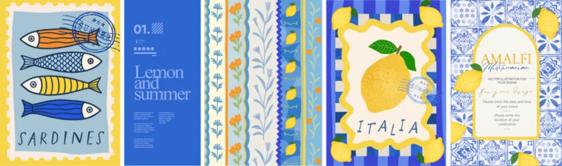 Fototapeten Summer. Lemons. Amalfi. Vector illustration of sardine fish, Mediterranean seamless pattern, Italian blue ceramics and tiles, lemons for invitation, poster, background, postage stamp or card © Ardea-studio