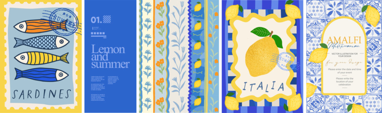 Summer. Lemons. Amalfi. Vector illustration of sardine fish, Mediterranean seamless pattern, Italian blue ceramics and tiles, lemons for invitation, poster, background, postage stamp or card
