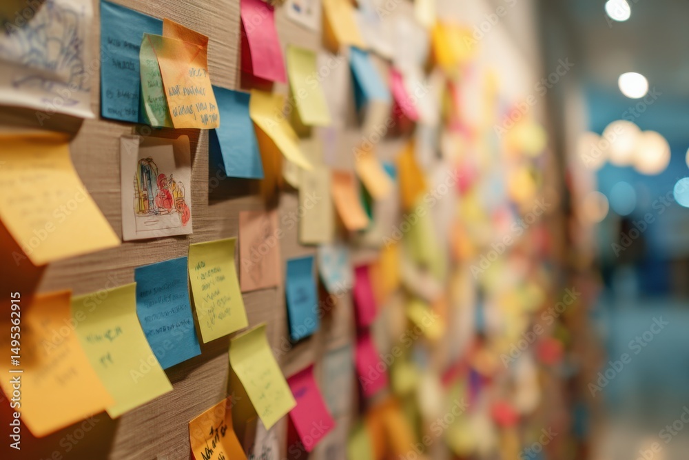 Aufkleber colorful sticky notes on wall, brainstorming and planning for business strategy and project manageme