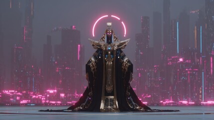 The theme of neon Egypt is captured by a futuristic pharaoh statue, which is reminiscent of retrofuturism and synthwave