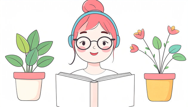 A cheerful girl with pink hair, wearing headphones and glasses, reads a book flanked by potted plants and flowers