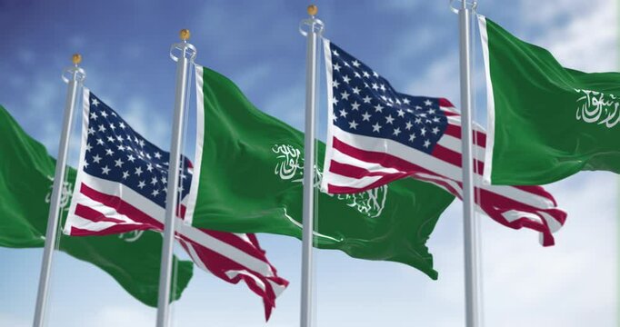 Saudi Arabian and American flags waving together in sky, 3D render