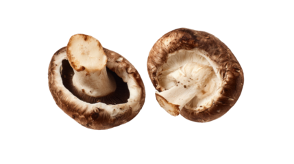Shiitake Mushrooms: Two freshly picked shiitake mushrooms rest on a smooth surface, showcasing their cap's unique shape and delicate texture. A detailed.