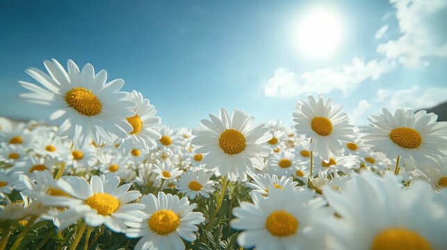 Field of white daisies under a bright blue sky