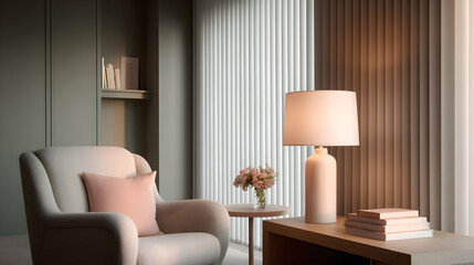 A reading area with soft gray walls, pastel book covers, and a pale blush reading lamp, composed with ambient light streaming through vertical blinds 56539353 2
