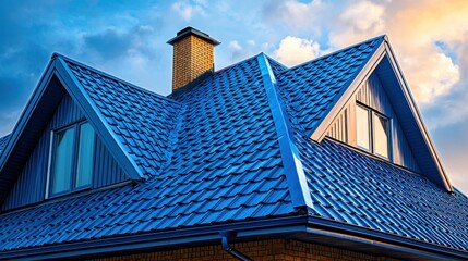 Blue-tiled roof with dormers, chimney, and cloudy sky