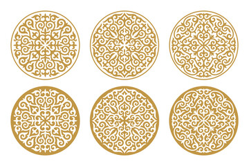 Vector Set of different gold ornaments in Kazakh style isolated on a white background. Round decor in two variant the positive and negative. Elements of the national pattern of the ancient nomads