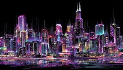 Obraz premium Digital art depicting a neon cityscape features multiple skyscrapers in a retrofuturistic composition set at night with glowing lines characteristic of cyberpunk retrofuturism