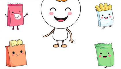 Fototapeta premium A happy character surrounded by four anthropomorphic snack bags, each with unique contents and expressions. They?re simple, cartoonish, and cheerful