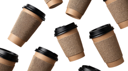 Coffee Break Pattern: A dynamic, repetitive pattern of multiple paper coffee cups, captured against a clean white background. This clean design aesthetic is ideal for commercial use.