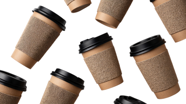 Coffee Break Pattern: A dynamic, repetitive pattern of multiple paper coffee cups, captured against a clean white background. This clean design aesthetic is ideal for commercial use.