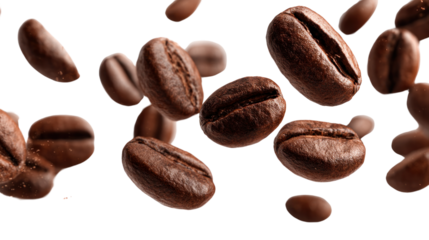 Coffee Bean Cascade: A symphony of roasted coffee beans in mid-air, suspended in time as they gracefully cascade downward. The rich brown hue and intricate details of each bean are captivating. 