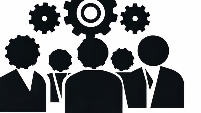 team collaboration, cooperation, or teamwork concept with people and gears on a white background