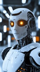 Fototapeta premium Humanoid robot, futuristic factory, glowing eyes, technology