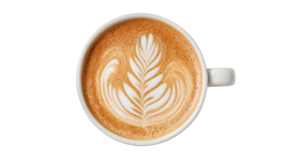 Latte Art Serenity: A serene overhead shot showcases a ceramic cup, its contents a harmonious blend of coffee and steamed milk, adorned with a delicate, intricate latte art design.
