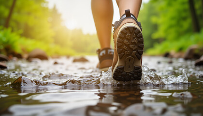 Person confidently crossing a stream in forest, adventurous spirit