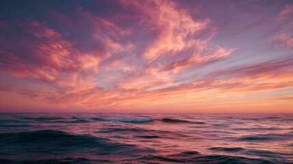 Obraz premium Dramatic Pink Sunset Over Ocean Waves, Evoking Serenity and Peaceful Escape for Travel and Tourism Marketing : Generative AI