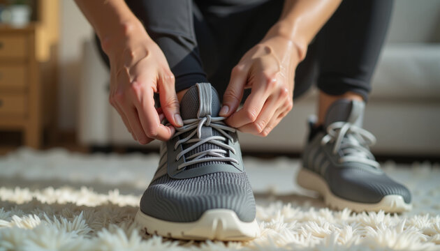 Person tying athletic shoe laces at home in morning light, fitness focus