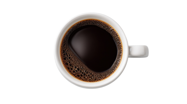 Aromatic Brew: A top-down view of a freshly brewed coffee in a pristine white mug. Bubbles atop the dark surface, and capturing the essence of a morning ritual.