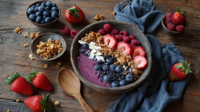 Healthy smoothie bowl preparation kitchen food photography rustic overhead view nutrition concept