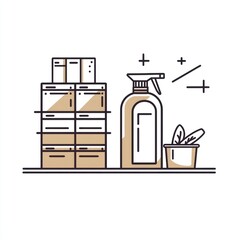 Cleaning supplies on shelf, plant, home organization