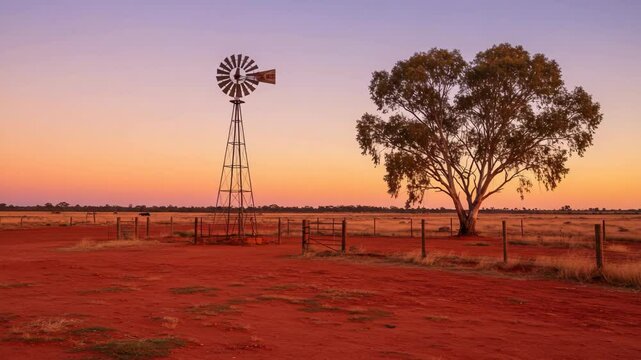 Australian outback windmill at sunset landscape