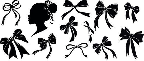 Black Silhouette Set of Bows and Female Profiles