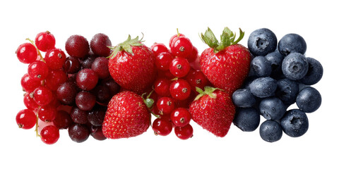 Vibrant Berries: A visually stunning assortment of fresh red currants, grapes, strawberries, and blueberries, bursting with natural color and flavor. Capturing the essence of summer fruit.