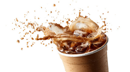 Cool Coffee Splashing: A dynamic shot freezes the captivating moment as an iced coffee, its cold cubes of ice, surges and splashes within its paper cup.