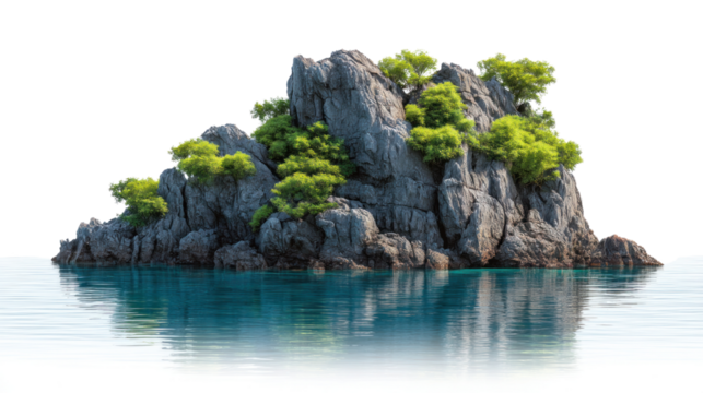 Island Majesty: A solitary island rises majestically from the tranquil sea. Its rugged cliffs and verdant vegetation offer a breathtaking spectacle.