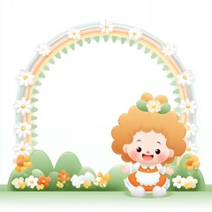 Obraz premium Smiling Girl Doll in a Pastel Rainbow and Daisy Frame