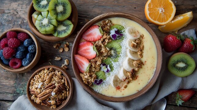Creating a colorful fruit smoothie bowl kitchen food photography cozy environment top view healthy eating concept - Powered by Adobe