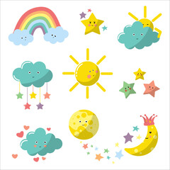 sky collection with star, rainbow, cloud, moon, sun in cartoon style. Weather icons, kids friendly design. Cards for children. Vector illustration