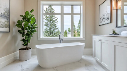 Beautiful modern bathroom with a freestanding tub and scenic view from a large window.