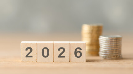 The wooden block placed on the coin pile in 2026 symbolizes the financial trends and economy of 2026

