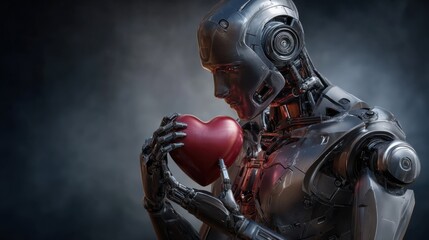 Fototapeta premium Artificial Affection: A futuristic humanoid robot tenderly cradles a symbolic heart, merging technology and emotion in a thought-provoking display.
