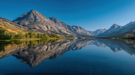 Naklejka premium Mountain Range Reflected in Still Lake Under Blue Sky, Representing Serenity and Environmental Conservation in Nature Photography : Generative AI