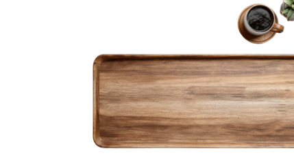 Wooden Tray and Coffee: A stylish arrangement of a wooden tray and a cup of coffee with a small succulent plant creating a harmonious blend of texture and color