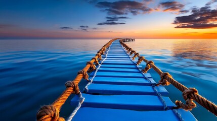 Obraz premium A vibrant blue dock extends into the calm ocean under a colorful sunset sky