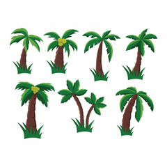 Obraz premium Collection of Cartoon Coconut Palm Trees with Green Fronds and Brown Trunks