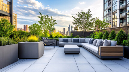 A luxurious rooftop terrace offers a comfortable lounge area with panoramic city skyline views.