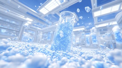 In a laboratory setting, liquid hydrogen evaporates from a test tube, creating intricate details and cold mist effects