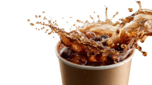 Refreshing Burst: An invigorating beverage erupts from a cup, showcasing the dynamic essence of pure refreshment with crystal ice cubes and the dynamic energy of a refreshing drink